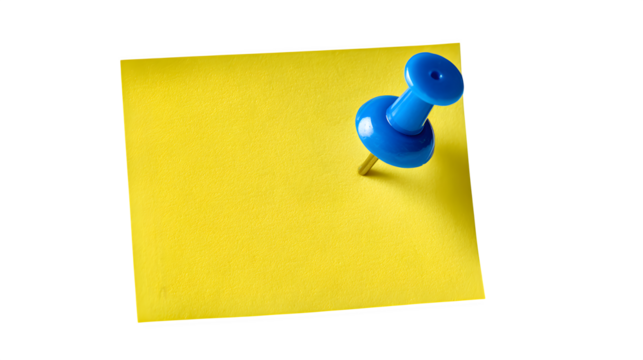 Yellow sticky note with blue pushpin isolated on white