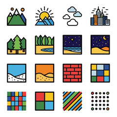 Assorted icons portray various abstract nature city designs
