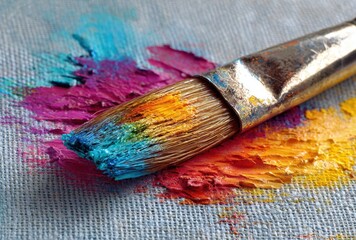 Fototapeta premium A close-up shot showcases a paint brush with vibrant, mixed colors, creating a beautiful display of artistic expression on a textured , ready for creative projects.