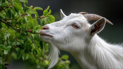Obraz premium Close-Up of a White Goat Grazing on Green Leaves in Natural Habitat