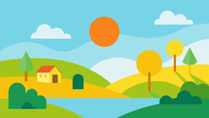 Fototapeta premium Flat design landscape with a house trees sun and water