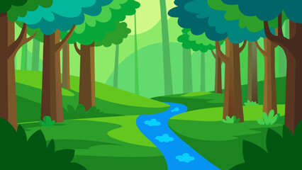 Obraz premium Cartoon forest landscape with a winding blue stream and green trees