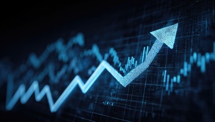 A digital graphic displays a rising arrow graph overlaid on a complex financial chart