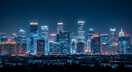 Obraz premium Modern city skyline at night with brightly lit skyscrapers and urban landscape