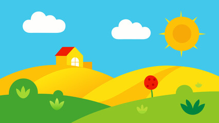 Fototapeta premium Bright sunny day over rolling hills with a small house and tree