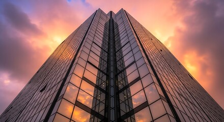 Modern skyscraper reflecting dramatic sunset sky with clouds viewed from below