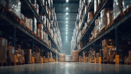 Warehouse interior, deep perspective.  High shelves filled with boxes