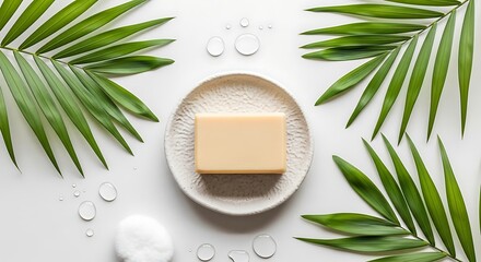 Natural bar of soap on a ceramic dish surrounded by fresh green palm leaves and water droplets
