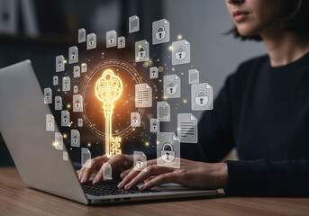 Naklejka premium Cybersecurity Expert Analyzing Data on Laptop with Virtual Key Overlay in Modern Workspace