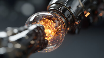 Glowing Mechanical Orb: A close-up shot of a futuristic, chrome-plated mechanical device, showcasing a luminescent orb filled with intricate details and a warm, internal glow.