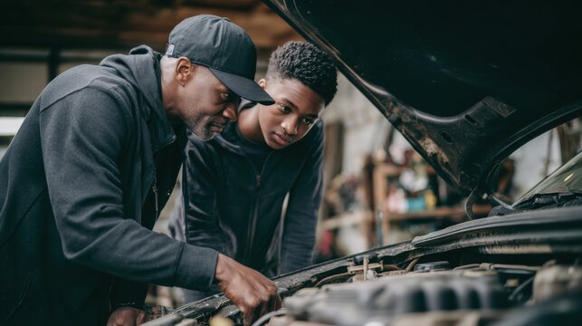 Learning car maintenance skills in a workshop with family on a weekend afternoon