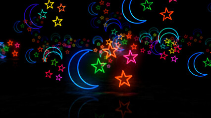 Moon and stars neon light 3d illustration