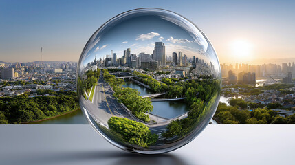 Stunning globe captures vibrant cityscape, reflecting skyscrapers, lush greenery, and serene river under beautiful sunset