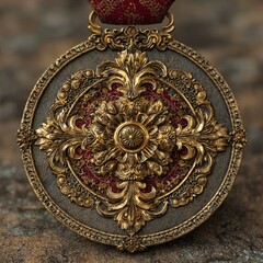 Fototapeta premium Ornate Gold Medal with Red Background Pattern