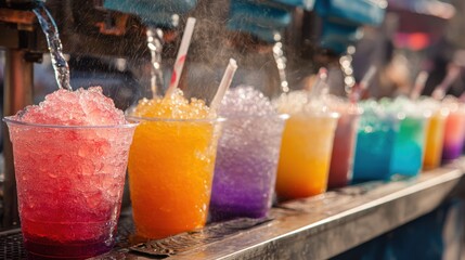 Colorful beverages in clear plastic cups with straws arranged on a wooden at an outdoor market or festival setting, vibrant and inviting for refreshment