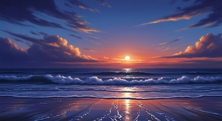 Vibrant sunset over the ocean with glowing clouds and gentle waves on a sandy beach
