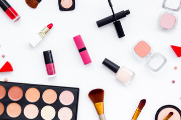 Obraz premium Makeup tools and cosmetics products, top view