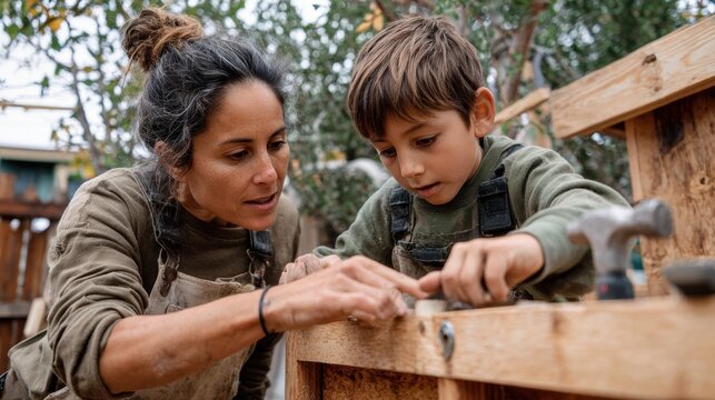 Mother and son engage in woodworking project in backyard during afternoon hours