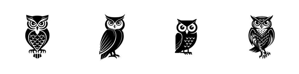 Obraz premium Unique collection of owl illustrations in black and white showcasing various poses and styles for creative inspiration