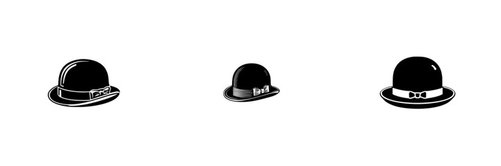 Fototapeta premium Different styles of bowler hats displayed in a row with varying sizes against a plain background