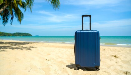 Blue suitcase on tropical beach with forested hills evokes travel, serenity, and island escape