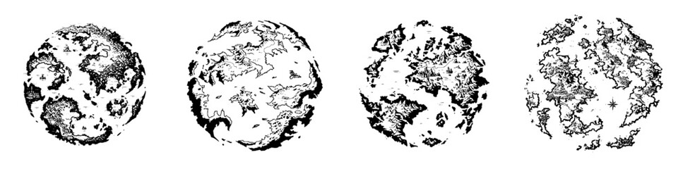 Artistic depiction of four unique planets highlighting varied terrains and landscapes in a science fiction style