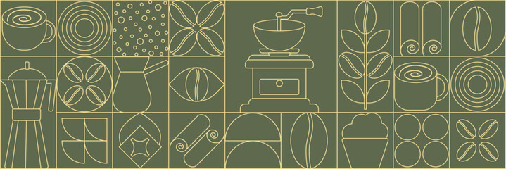 Geometric coffee pattern in minimalist style. Abstract print background with simple shapes for coffee shop, food packaging, cafe wall, menu. Coffee-themed block illustration with coffee beans, cups