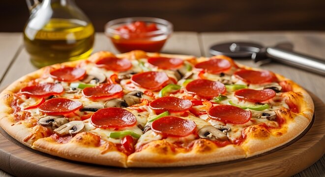 Delicious pepperoni pizza with fresh ingredients and olive oil on wooden table