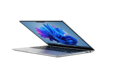 Sleek, modern silver laptop with its screen open, displaying a vibrant, abstract blue and pink digital art design on a clean white background.
