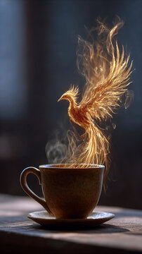 Phoenix Rising from Tea Steam on Dark Background &ndash; Creative Concept Art Stock Image