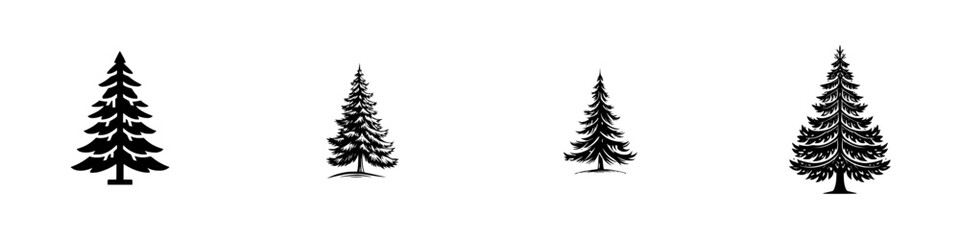 Obraz premium Various silhouettes of evergreen trees arranged in a row with different heights and styles against a plain background