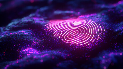 A purple and pink fingerprint is shown on a dark background
