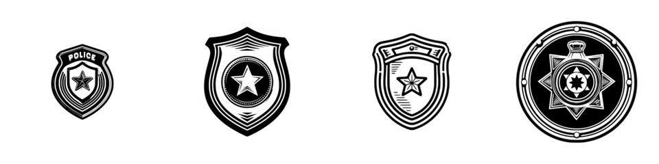 Obraz premium Various police and security badge designs featuring stars and shields displayed in a sequential arrangement