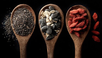 Wooden spoons holding various seeds and dried fruit