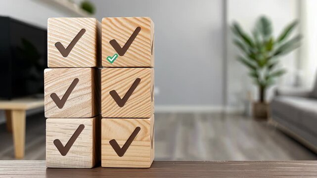 A hand places stacked wooden blocks with check marks, symbolizing achievement and order in a stylish interior setting