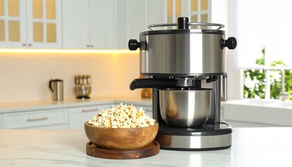 Stainless steel popcorn machine with wooden bowl evokes modern kitchen comfort and snack-time charm