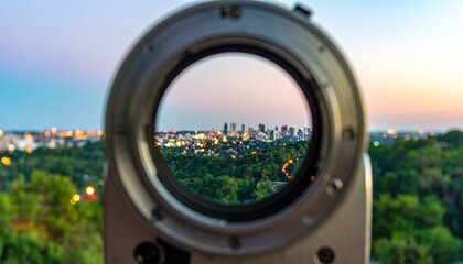 Cityscape viewed through a telescope lens at dusk.