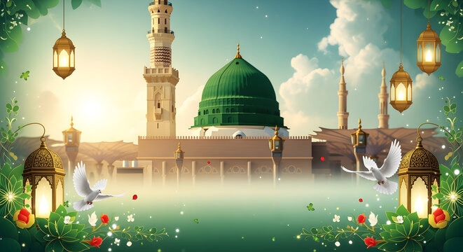 Milad un Nabi Maulid or Mawlid al Nabi islamic background banner with Madina skyline under night stars