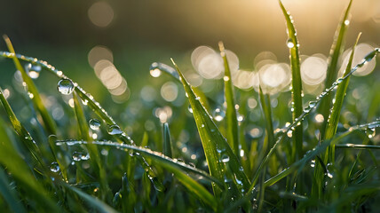 Close-up of dew drops on green grass blades at sunrise, soft golden bokeh background