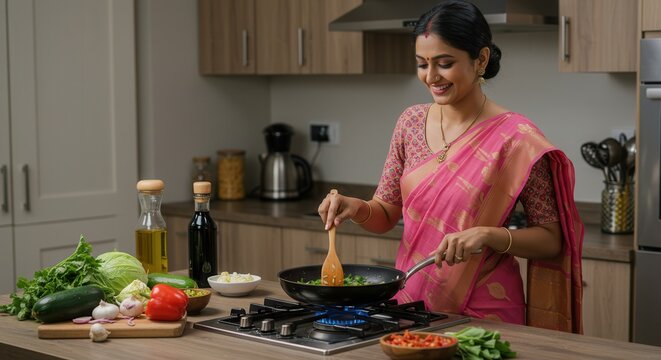Smiling Indian Woman in Pink Saree Cooking in Modern Kitchen &ndash; Home Cooking Concept