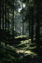 Tranquil Forest Scene with Sunlight Filtering Through Leaves, Creating a Dance of Dappled Light on the Forest Floor in a Serene Woodland Setting