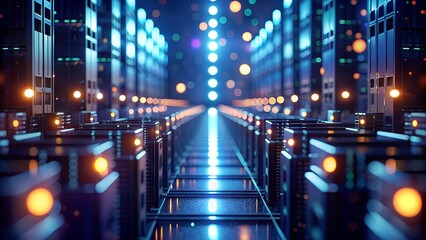 Futuristic server room with glowing lights and data processing equipment