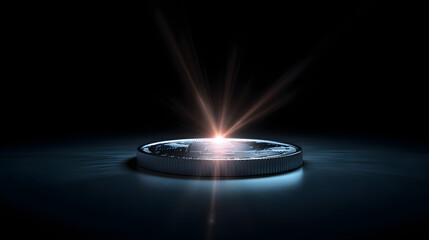 Radiant Display: A captivating composition of a singular coin, elevated on a sleek platform, illuminated by an otherworldly light source