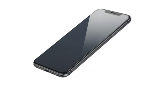 A sleek, modern smartphone displayed diagonally, showcasing its dark screen and design.