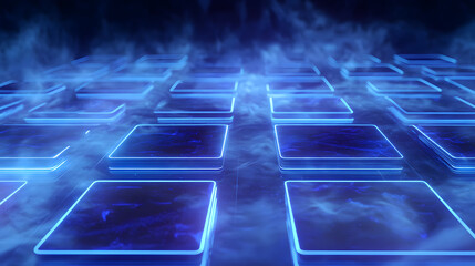 Obraz premium Abstract Blue Neon Grid: A mesmerizing view of an abstract digital grid emitting a cool, azure neon glow, symbolizing connectivity and technological advancement. Witness the fusion of light, color.
