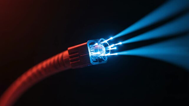 Illuminated fiber optic cable transmitting vibrant blue light pulses in dark environment
