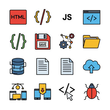 Code icons represent web development in flat design style