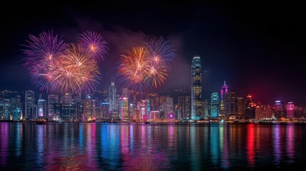 Spectacular display of vibrant pyrotechnics illuminating the night sky above a reflective body of water, creating a dazzling spectacle of light and color.