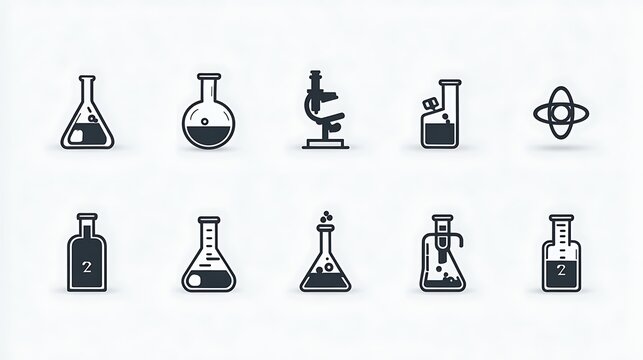 A minimalistic chemistry icon set on a white background. - Powered by Adobe
