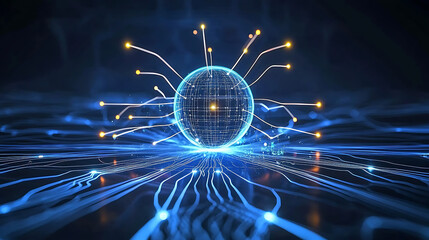 A glowing blue sphere with a yellow center surrounded by a network of wires